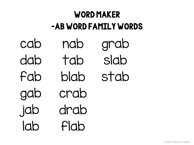 short a word families word lists